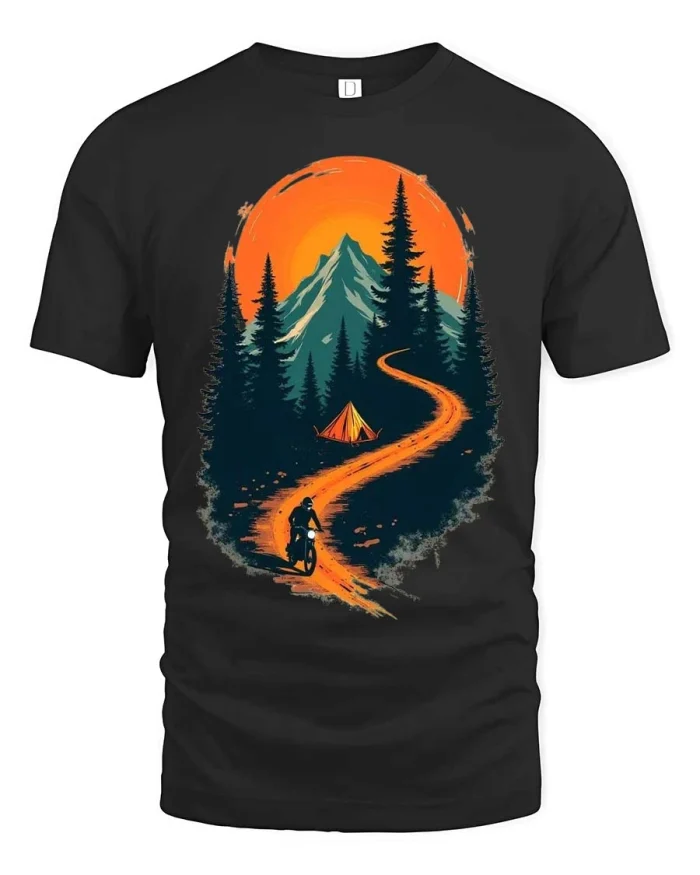Mountain Camping Adventure Graphic Tee Sunset Trail Outdoor Tshirt - black t-shirt on white background