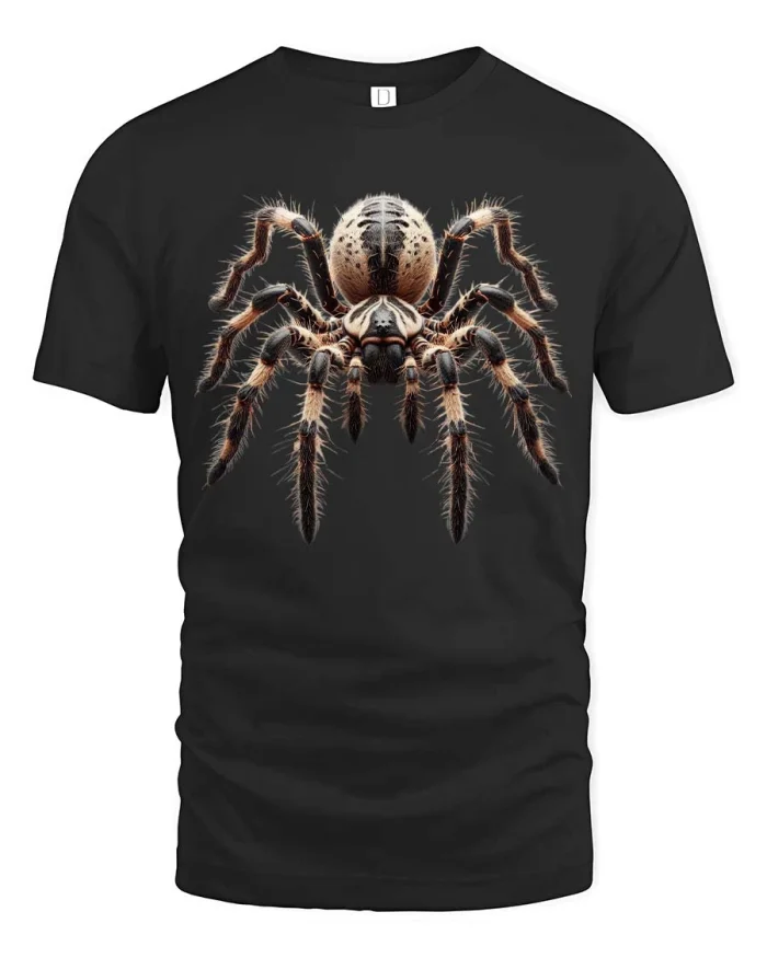 Realistic Tarantula Spider Graphic Tee Bold Nature Style Tshirt - black t-shirt on white background