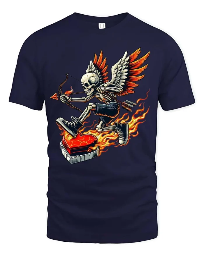 Cupid Skeleton Graphic Tee Dark Valentine Flaming Heart Tshirt - navy t-shirt on white background