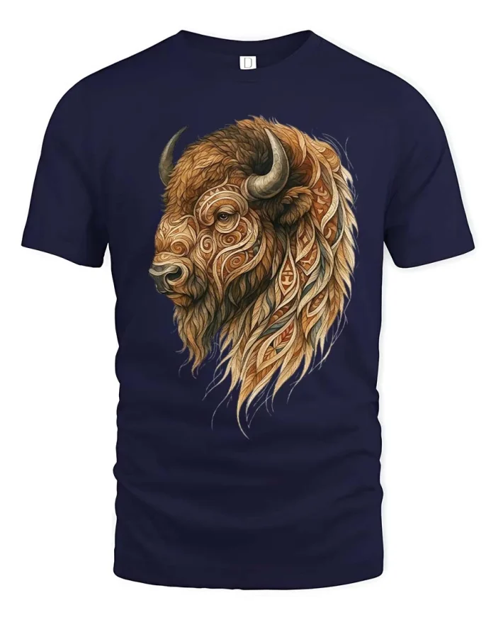 Artistic Buffalo Graphic Tee Tribal Bison Nature Style Tshirt - navy t-shirt on white background