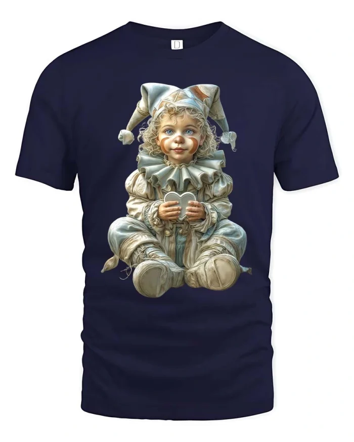 Cute Vintage Clown Doll Graphic Tee Whimsical Art Style Tshirt - navy t-shirt on white background