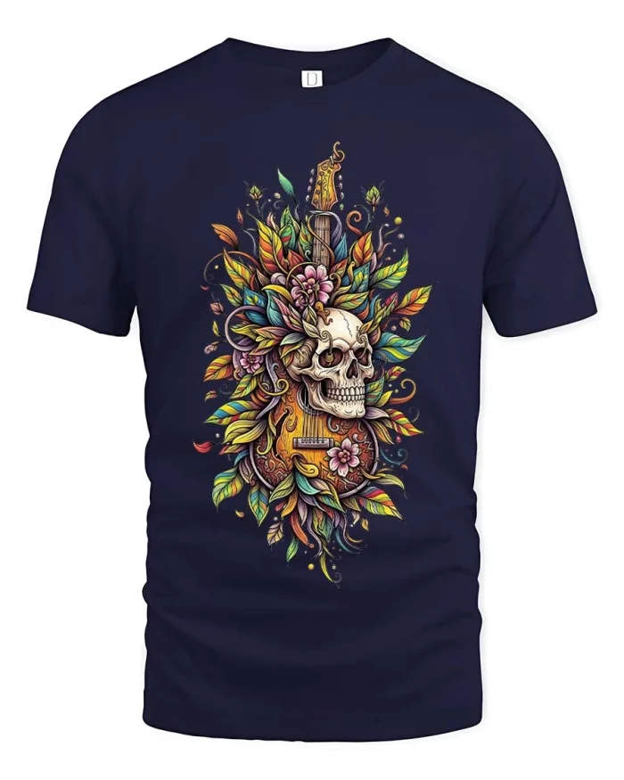 Colorful Skull Guitar Graphic Tee Artistic Music Style Tshirt - navy t-shirt on white background