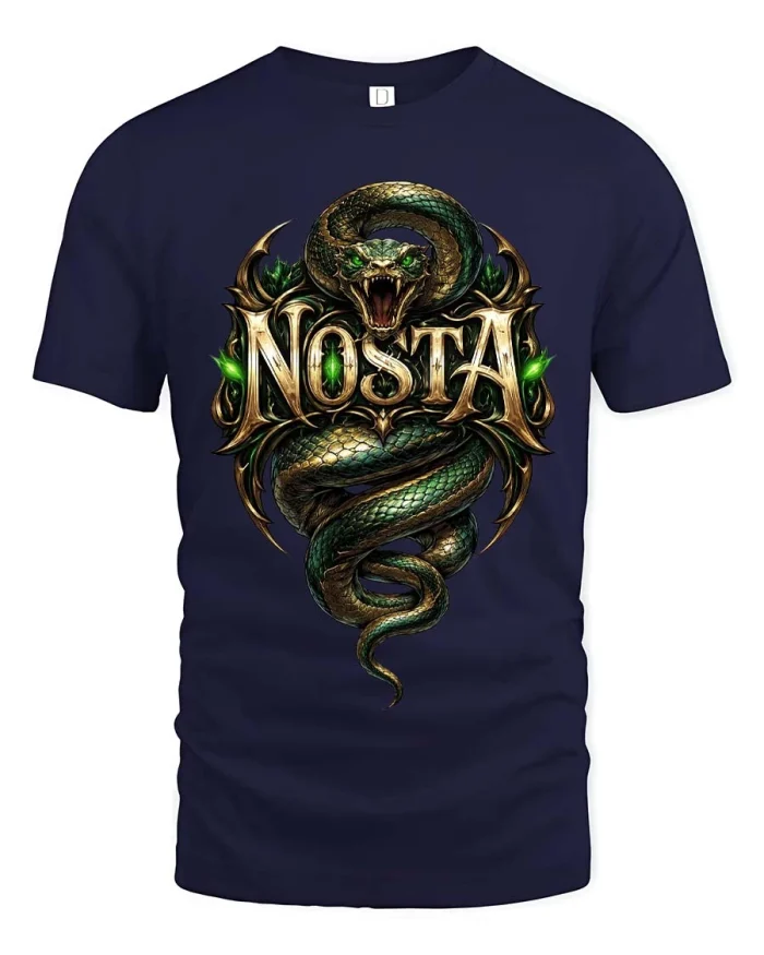 Nosta Snake Graphic Tee Dark Fantasy Serpent Art Tshirt - navy t-shirt on white background