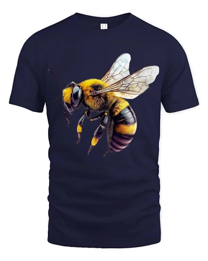 Realistic Bumble Bee Graphic Tee Detailed Nature Style Tshirt - navy t-shirt on white background