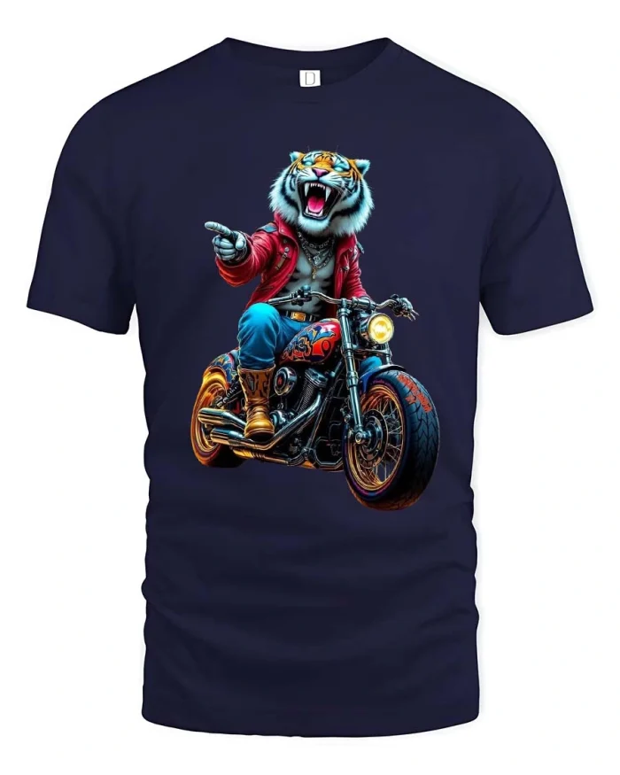 Cool Tiger Biker Graphic Tee Wild Motorcycle Rider Tshirt - navy t-shirt on white background