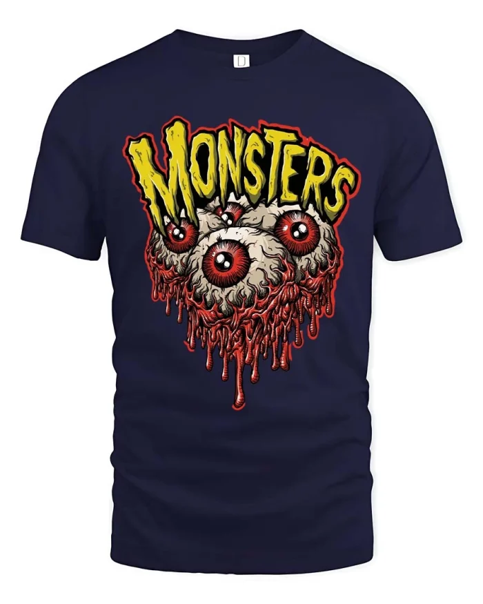 Monsters Eyeball Graphic Tee Creepy Horror Style Tshirt - navy t-shirt on white background