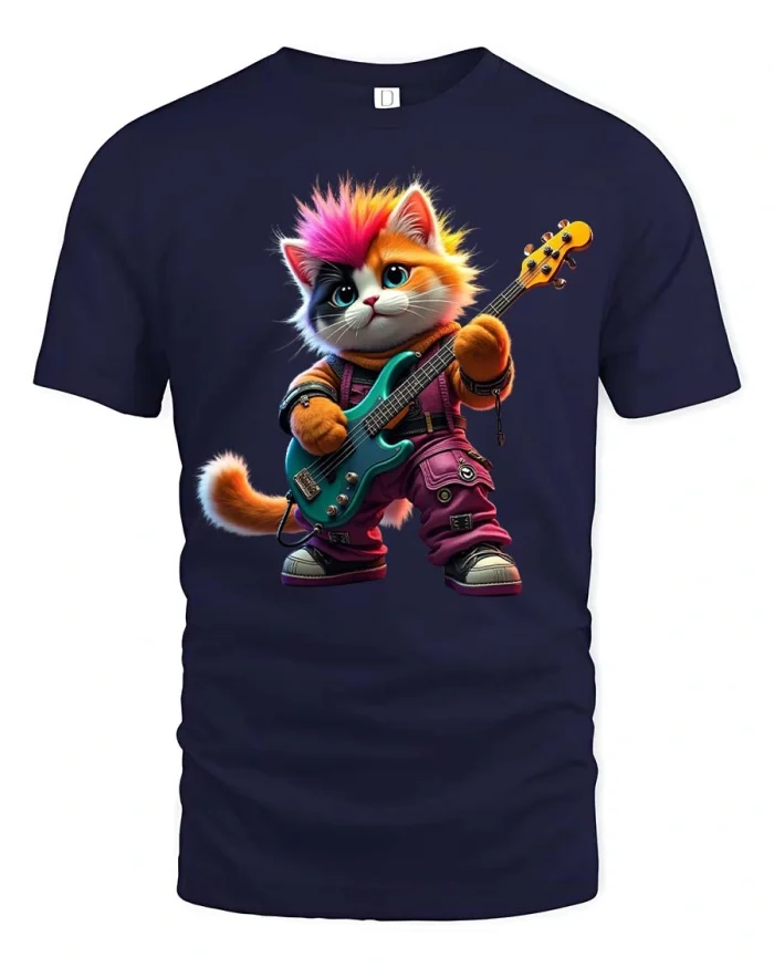 Cute Punk Rock Cat Guitar Graphic Tee Music Lover Tshirt - navy t-shirt on white background