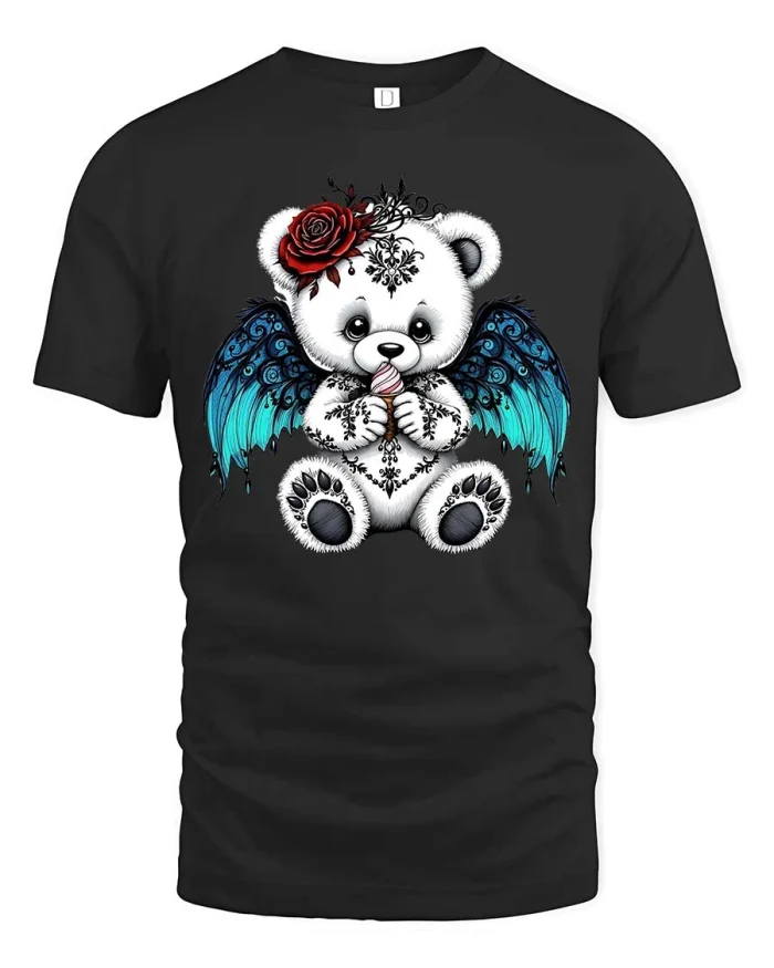 Gothic Angel Wing Teddy Bear Tshirt Cute Dark Art Style - black t-shirt on white background
