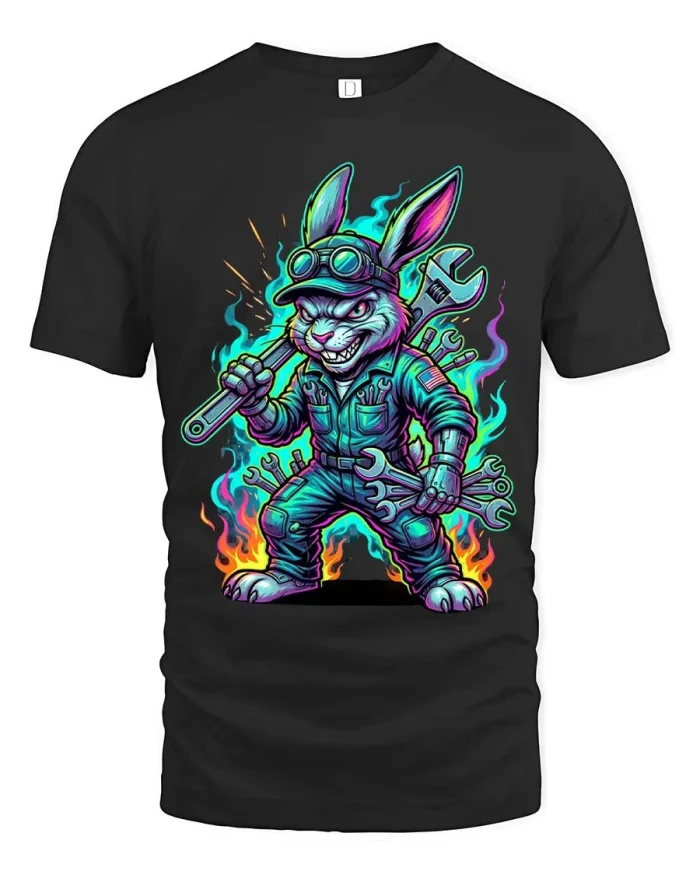 Funny Mechanic Rabbit Graphic Tshirt Neon Workshop Art - black t-shirt on white background