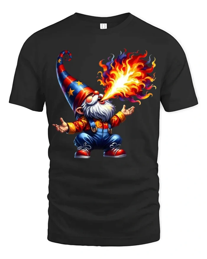 Funny Fire Breathing Gnome Tshirt Cute Fantasy Graphic Tee - black t-shirt on white background