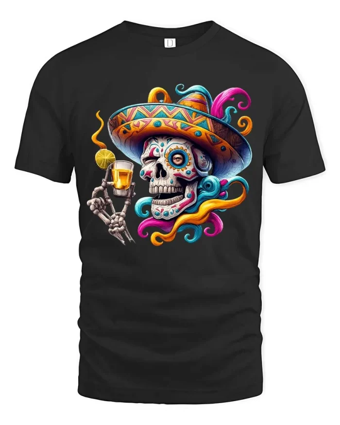Funny Sombrero Skull Drinking Tequila Tshirt Colorful Art - black t-shirt on white background