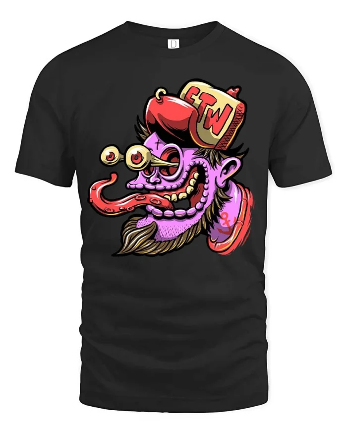 Funny Weird Cartoon Face Graphic Tshirt Colorful Crazy Art - black t-shirt on white background