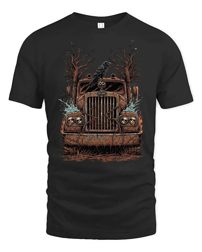 Dark Raven On Vintage Truck Graphic Tshirt Gothic Style - black t-shirt on white background