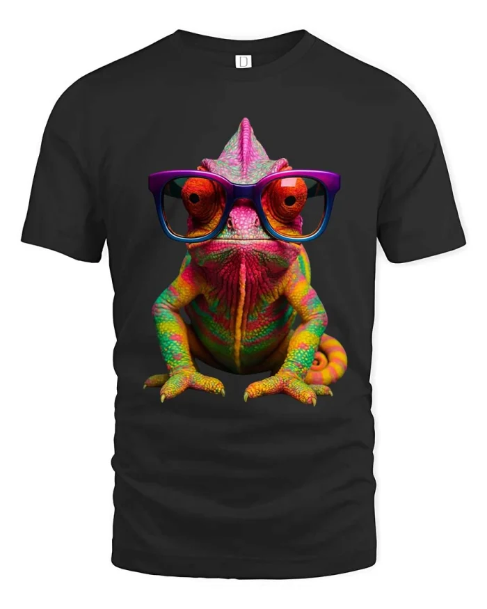Funny Colorful Chameleon Wearing Sunglasses Graphic Tshirt - black t-shirt on white background