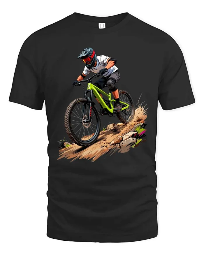 Mountain Bike Rider Downhill Action Graphic Tshirt Sport - black t-shirt on white background