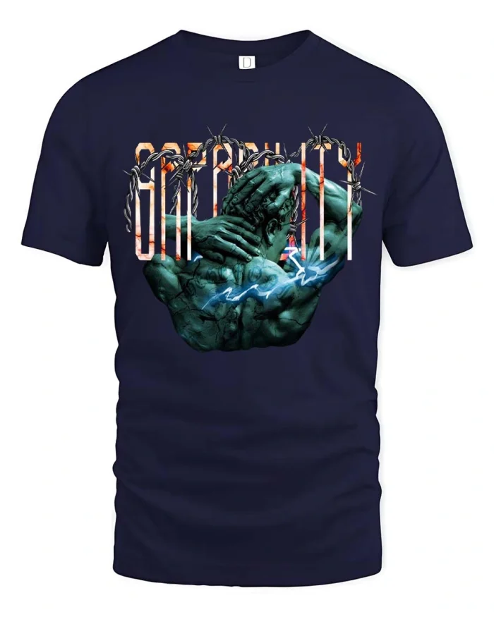 Powerful Atlas Titan Graphic Tshirt Strength Myth Art - navy t-shirt on white background