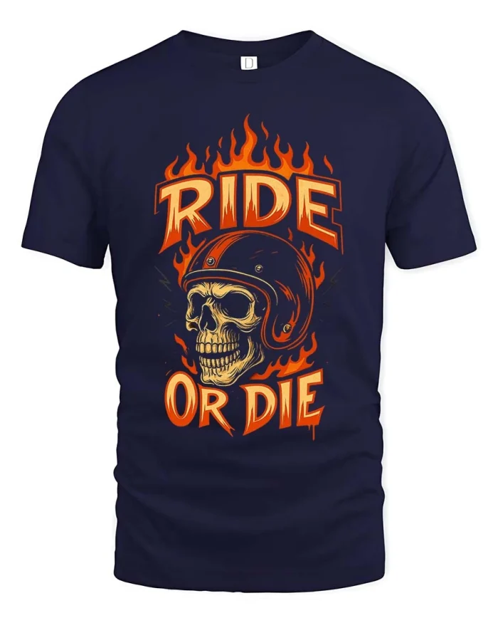 Ride Or Die Skull Helmet Graphic Tshirt Biker Style - navy t-shirt on white background