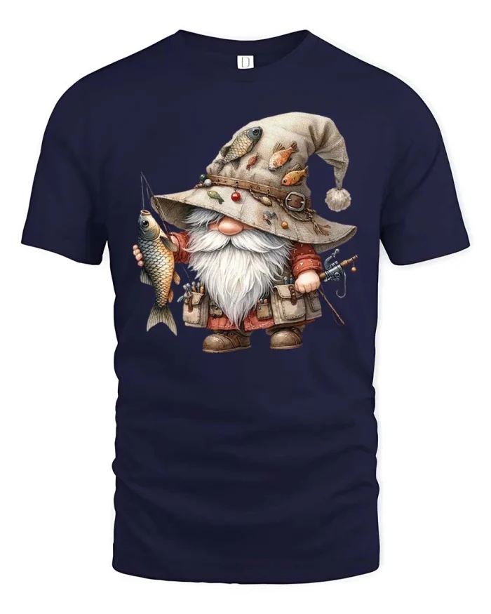 Funny Fishing Gnome Graphic Tshirt Cute Angler Fantasy - navy t-shirt on white background