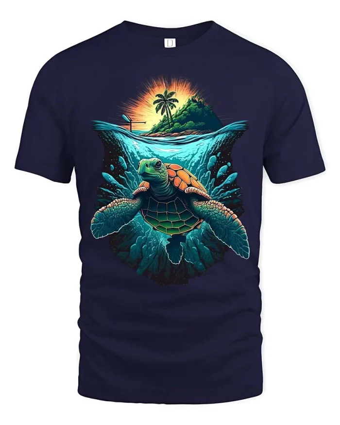 Sea Turtle Ocean Island Graphic Tshirt Nature Art Style - navy t-shirt on white background