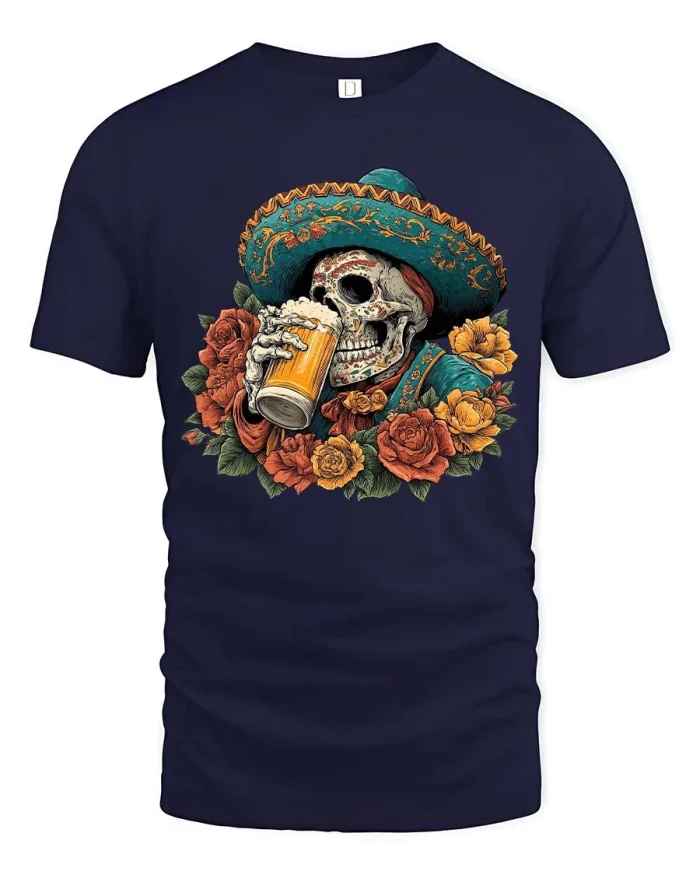 Sugar Skull Drinking Beer Graphic Tshirt Fiesta Style Art - navy t-shirt on white background