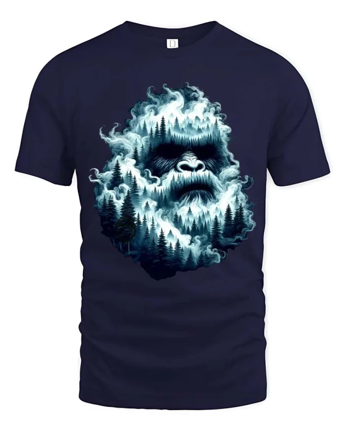 Mystical Forest Bigfoot Graphic Tshirt Foggy Nature Art - navy t-shirt on white background