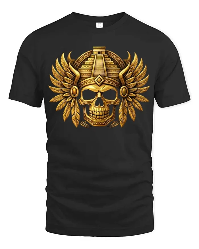 Golden Aztec Skull Wings Graphic T Shirt Ancient Warrior Art - black t-shirt on white background