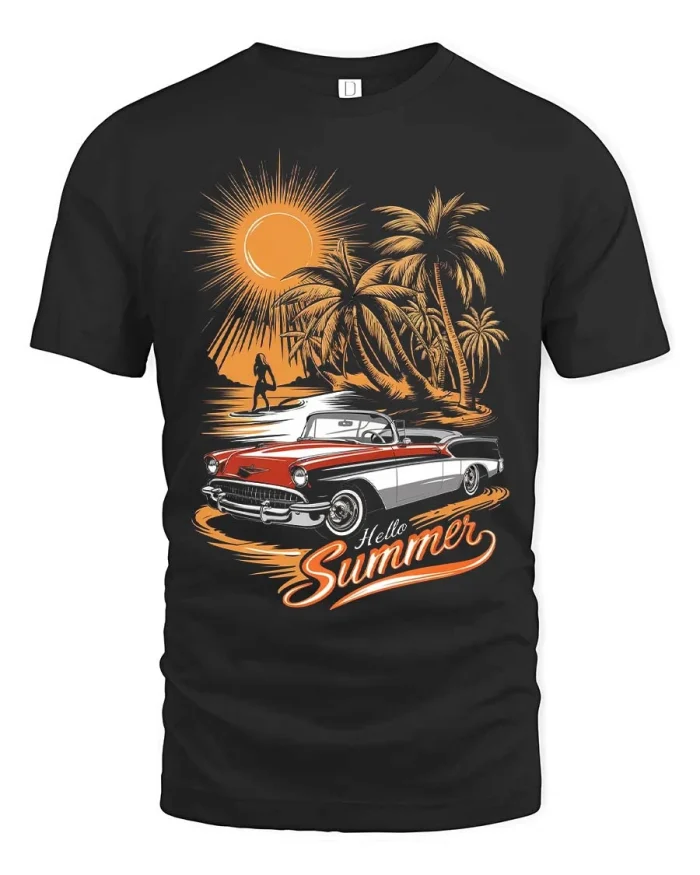Hello Summer Classic Car Beach Sunset Graphic T Shirt Retro - black t-shirt on white background