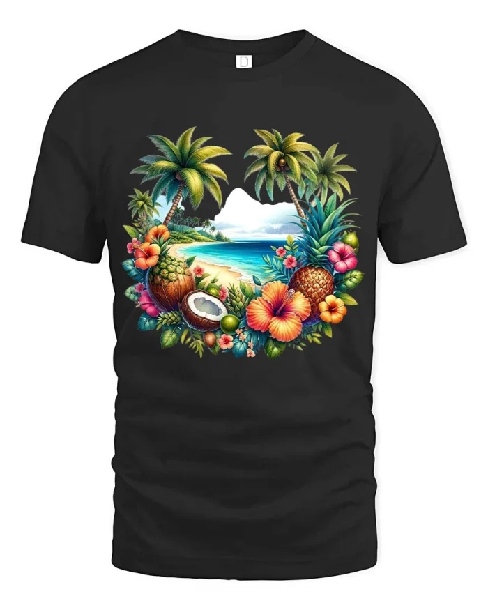 Tropical Beach Paradise Fruit Floral Graphic T Shirt Summer - black t-shirt on white background