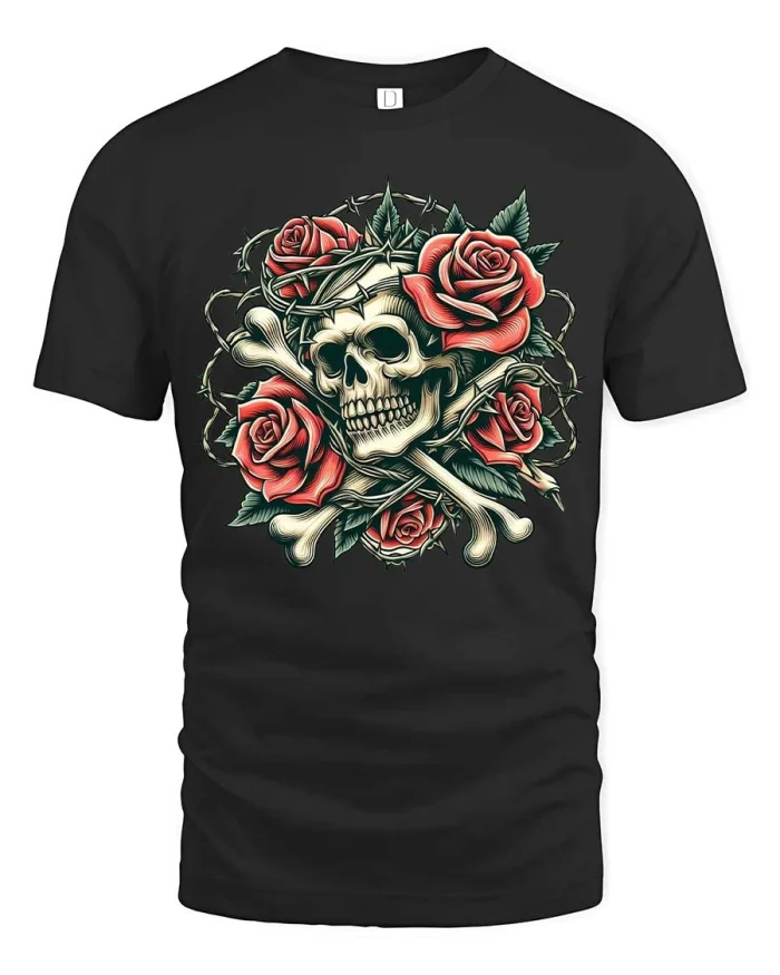 Gothic Skull Rose Thorn Graphic T Shirt Dark Vintage Style - black t-shirt on white background