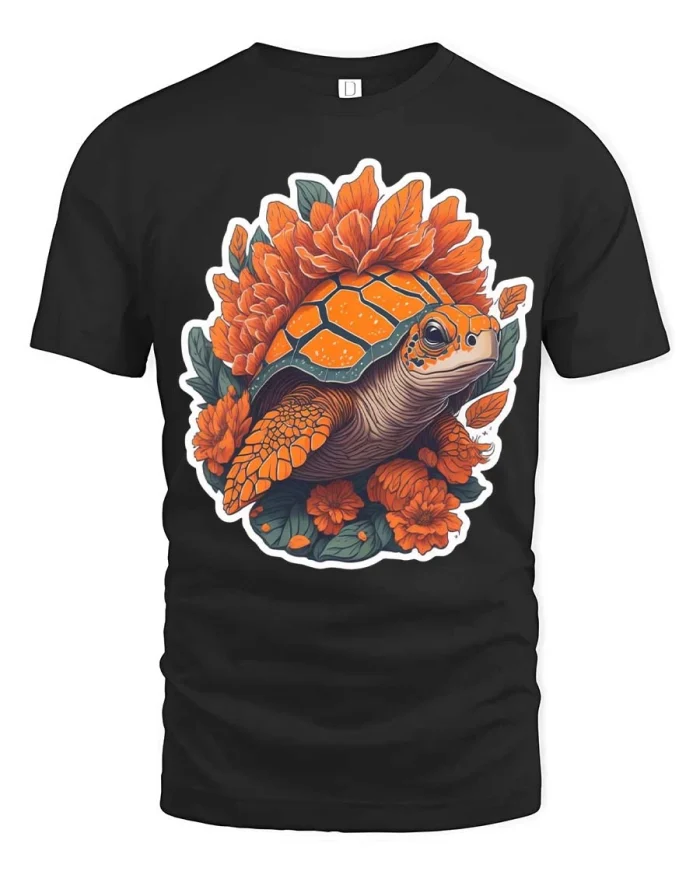 Cute Floral Turtle Graphic T Shirt Nature Inspired Style Art - black t-shirt on white background