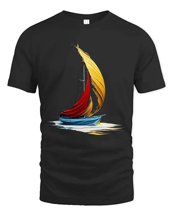 Artistic Sailboat Feather Sail Graphic T Shirt Ocean Style - black t-shirt on white background