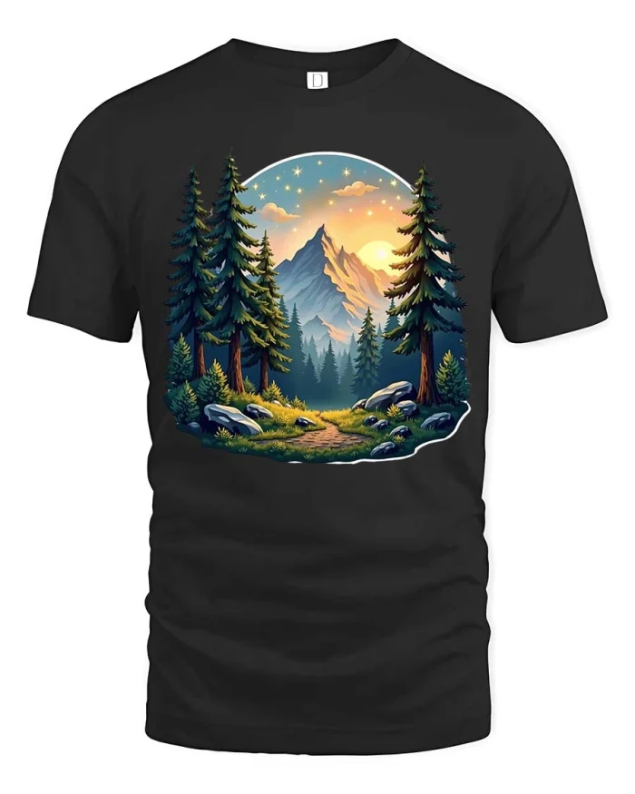 Mountain Forest Landscape Graphic T Shirt Nature Adventure - black t-shirt on white background