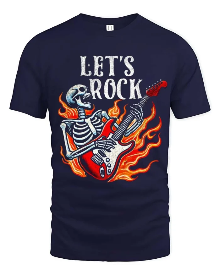Lets Rock Skeleton Guitar Graphic T Shirt Retro Music Style - navy t-shirt on white background