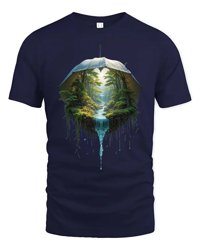 Nature Tent Waterfall Graphic T Shirt Camping Adventure Art - navy t-shirt on white background