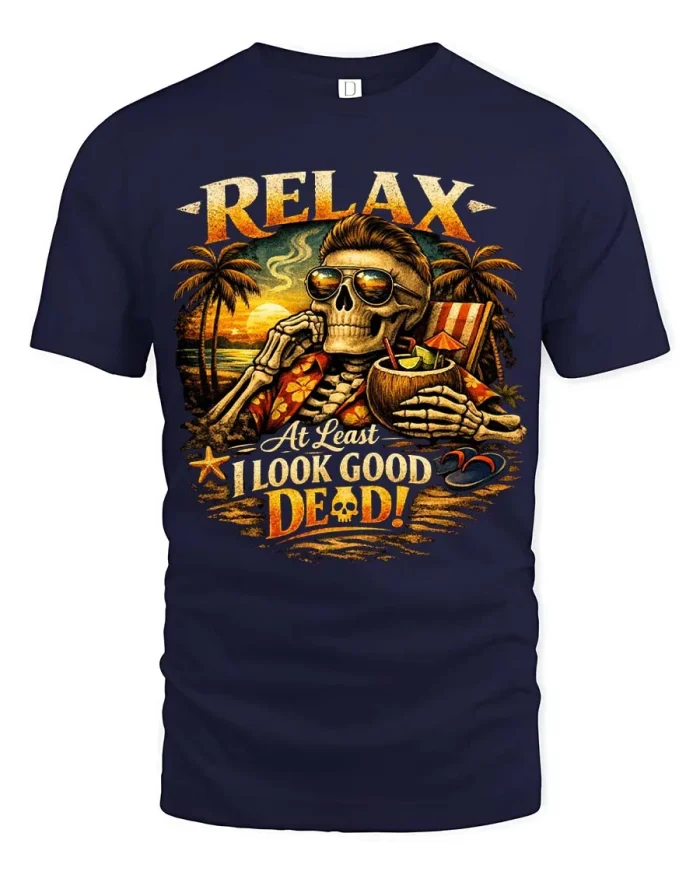 Relax Skeleton Beach Graphic T Shirt Funny Vacation Style - navy t-shirt on white background