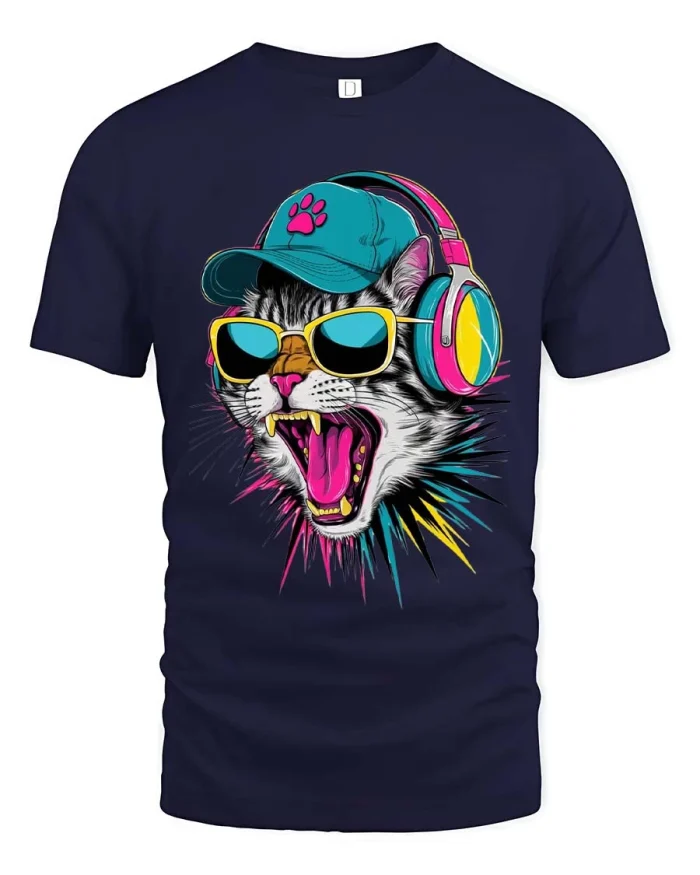 Cool DJ Cat Headphones Graphic T Shirt Colorful Music Style - navy t-shirt on white background