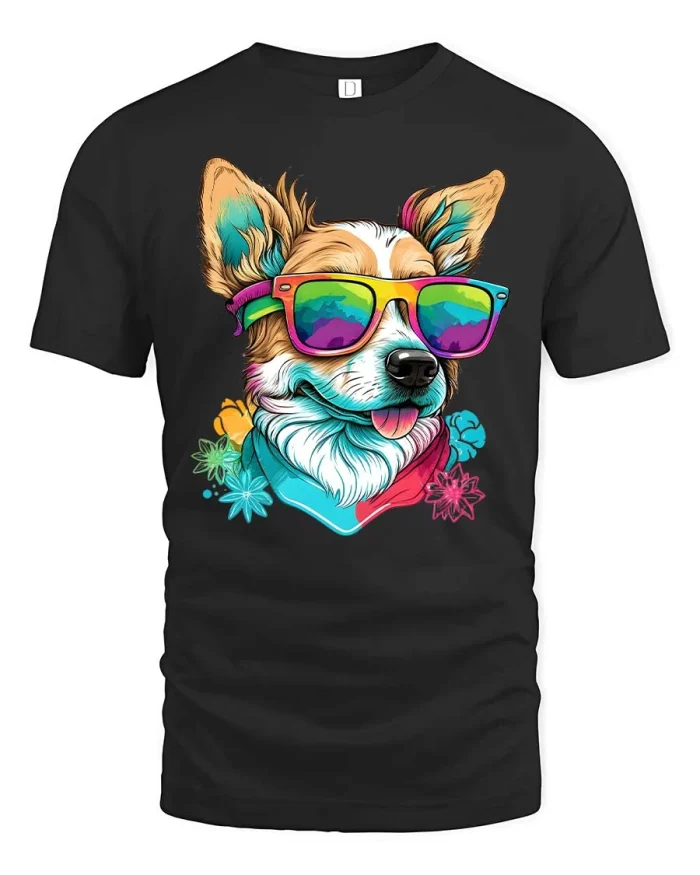 Cool Rainbow Sunglasses Dog Tee Colorful Happy Puppy Tshirt - black t-shirt on white background