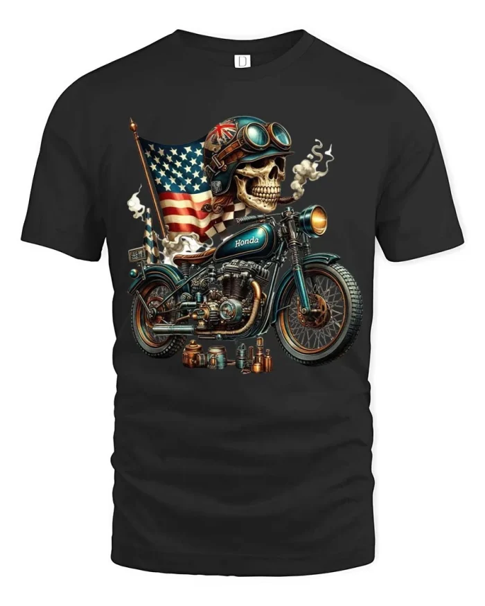 Vintage Skull Rider Motorcycle Graphic Tee Patriotic Tshirt - black t-shirt on white background