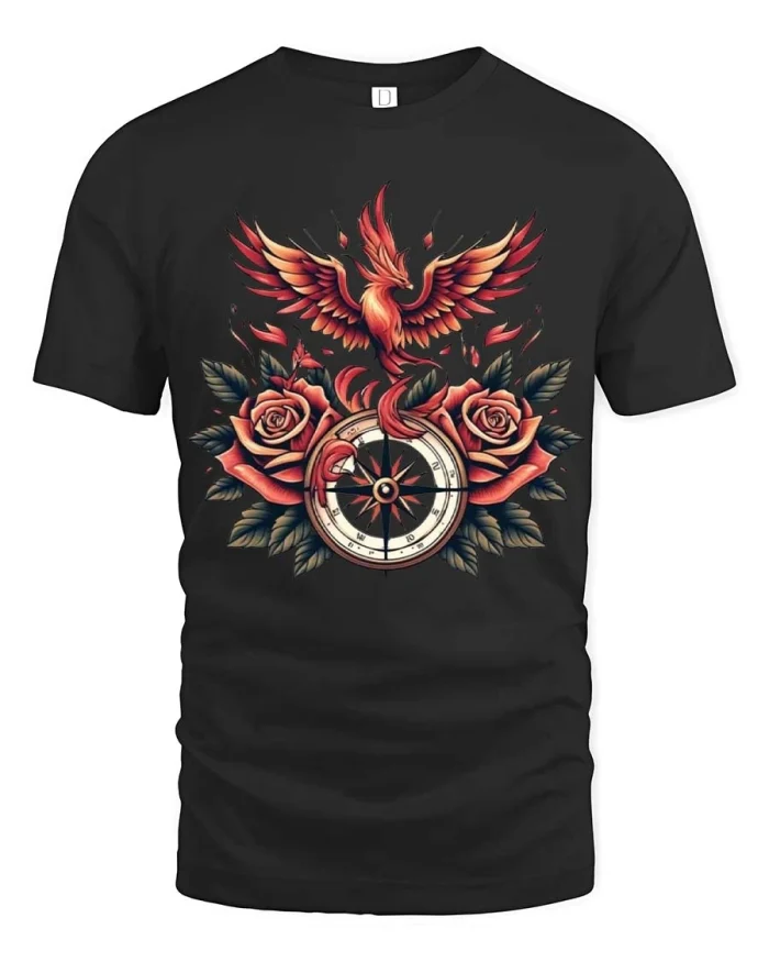 Phoenix Compass Rose Graphic Tee Symbolic Rebirth Art Tshirt - black t-shirt on white background
