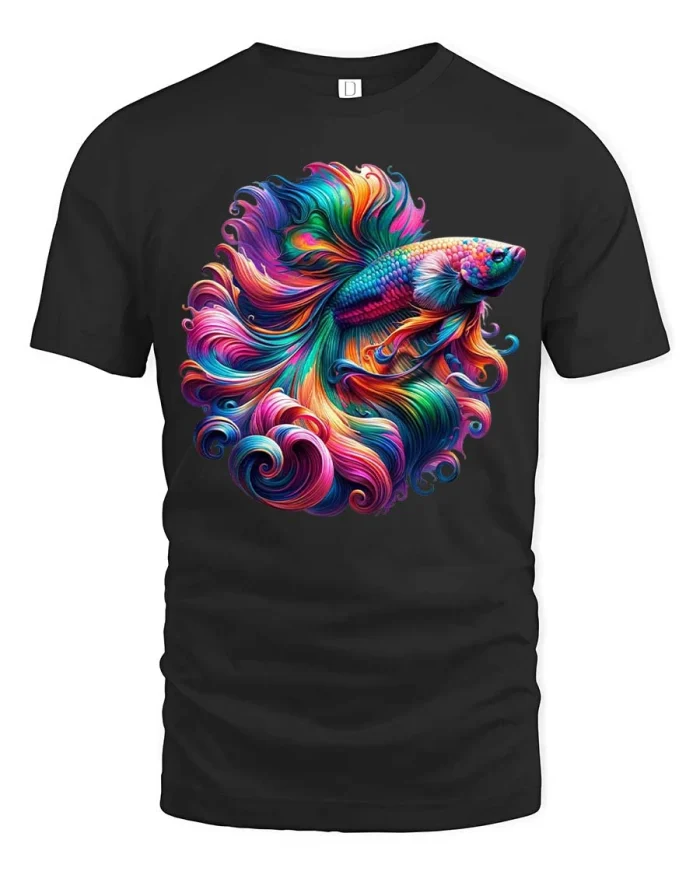 Colorful Betta Fish Swirl Art Tee Vibrant Fantasy Style Tshirt - black t-shirt on white background