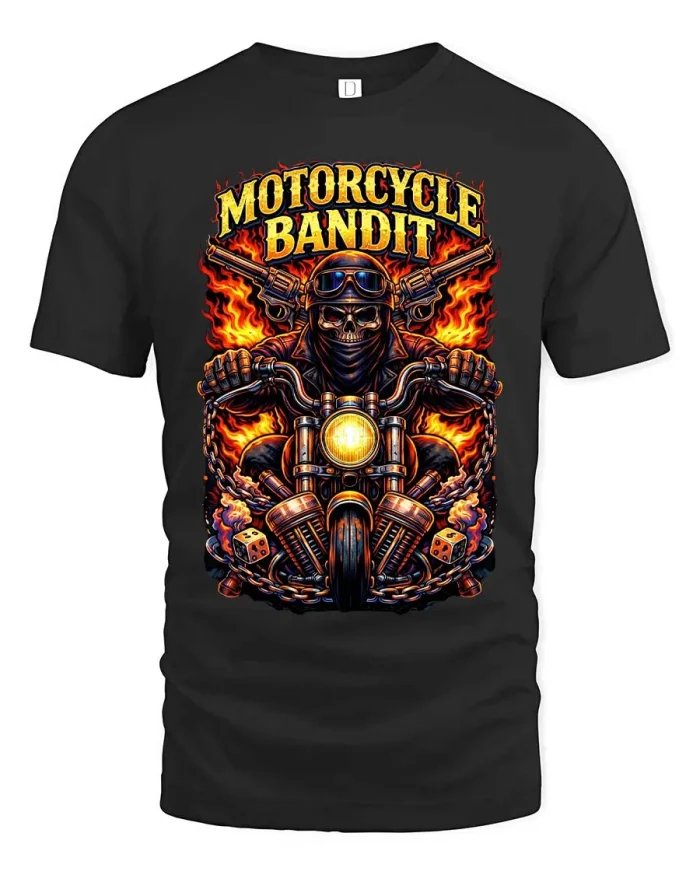 Motorcycle Bandit Skull Rider Graphic Tee Biker Style Tshirt - black t-shirt on white background