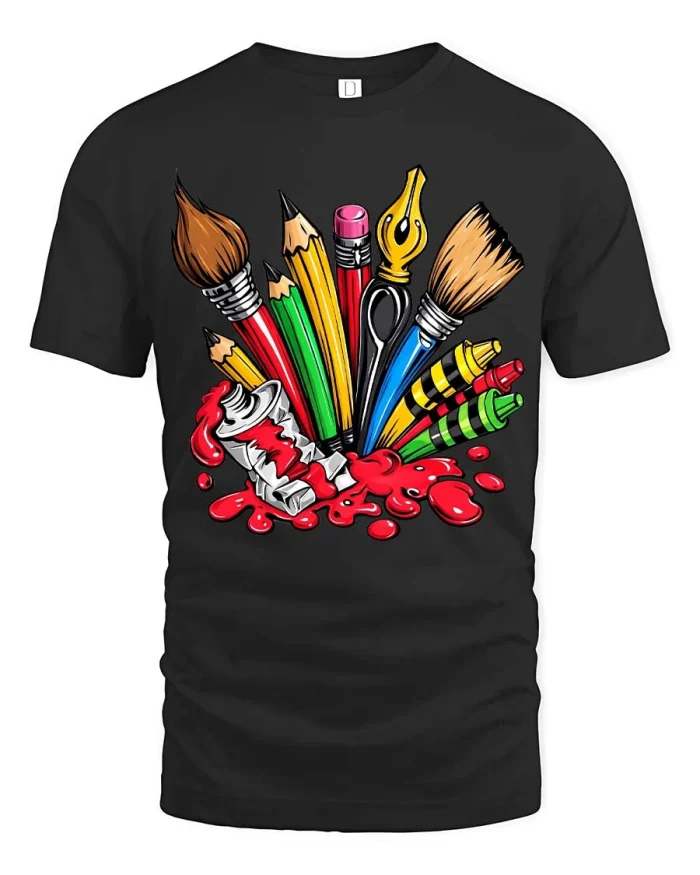 Creative Art Tools Graphic Tee Colorful Artist Style Tshirt - black t-shirt on white background