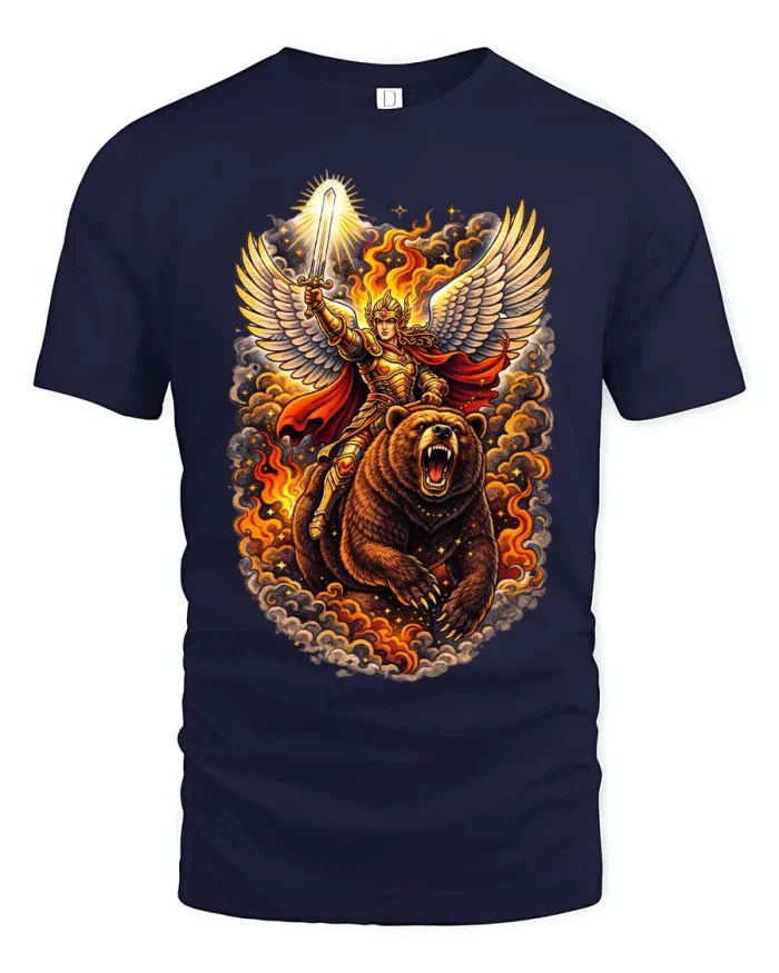 Angel Warrior Riding Bear Graphic Tee Fantasy Power Tshirt - navy t-shirt on white background