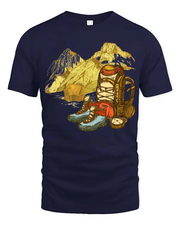 Hiking Adventure Backpack Graphic Tee Mountain Travel Tshirt - navy t-shirt on white background