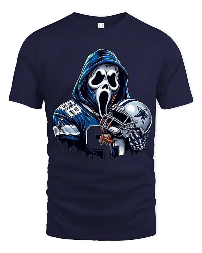 Football Skull Fan Graphic Tee Spooky Sports Style Tshirt - navy t-shirt on white background