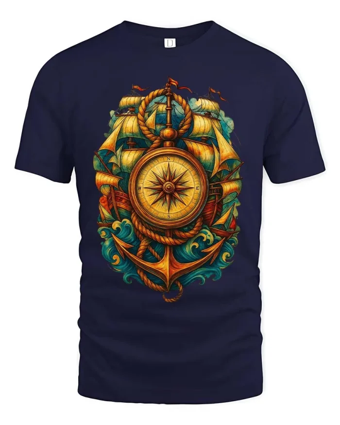Nautical Compass Anchor Ship Graphic Tee Ocean Adventure Tshirt - navy t-shirt on white background