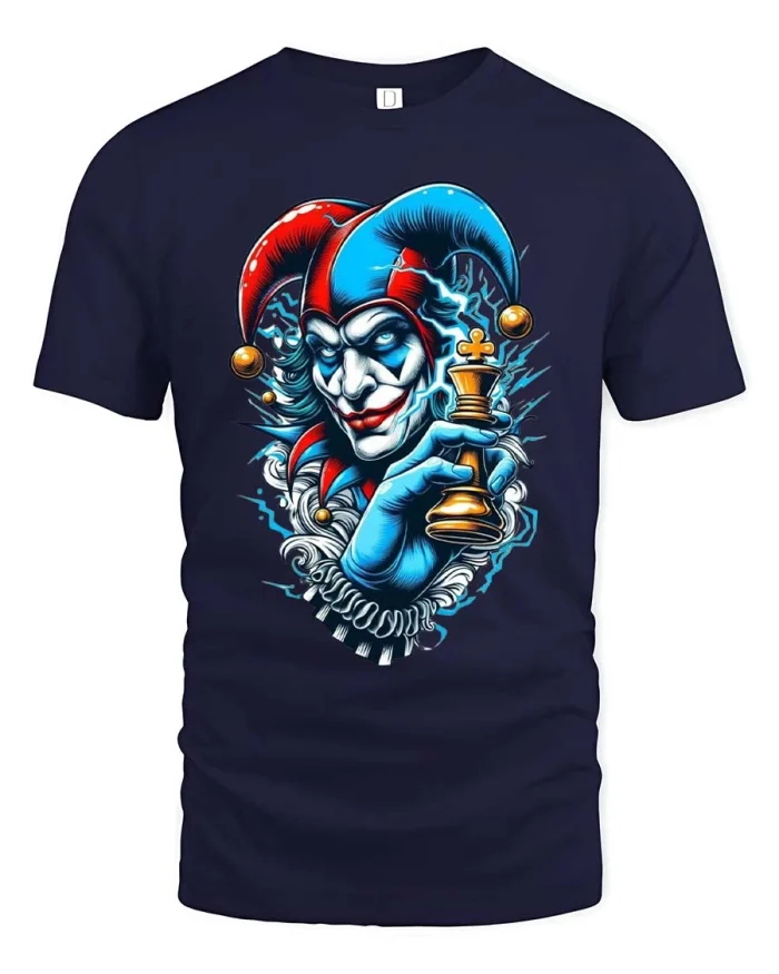 Joker Chess King Graphic Tee Dark Strategy Style Tshirt - navy t-shirt on white background
