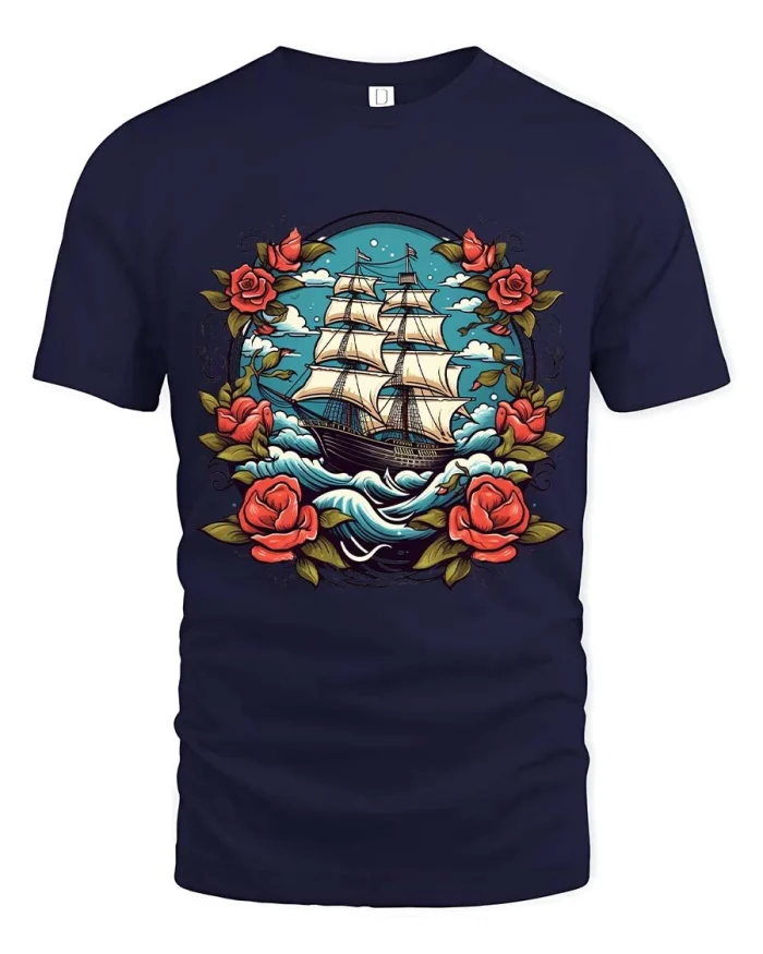 Vintage Sailing Ship Roses Graphic Tee Nautical Art Tshirt - navy t-shirt on white background