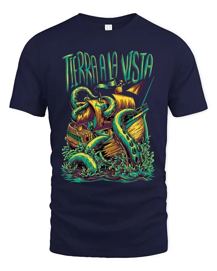 Terra Navista Kraken Ship Graphic Tee Ocean Monster Tshirt - navy t-shirt on white background