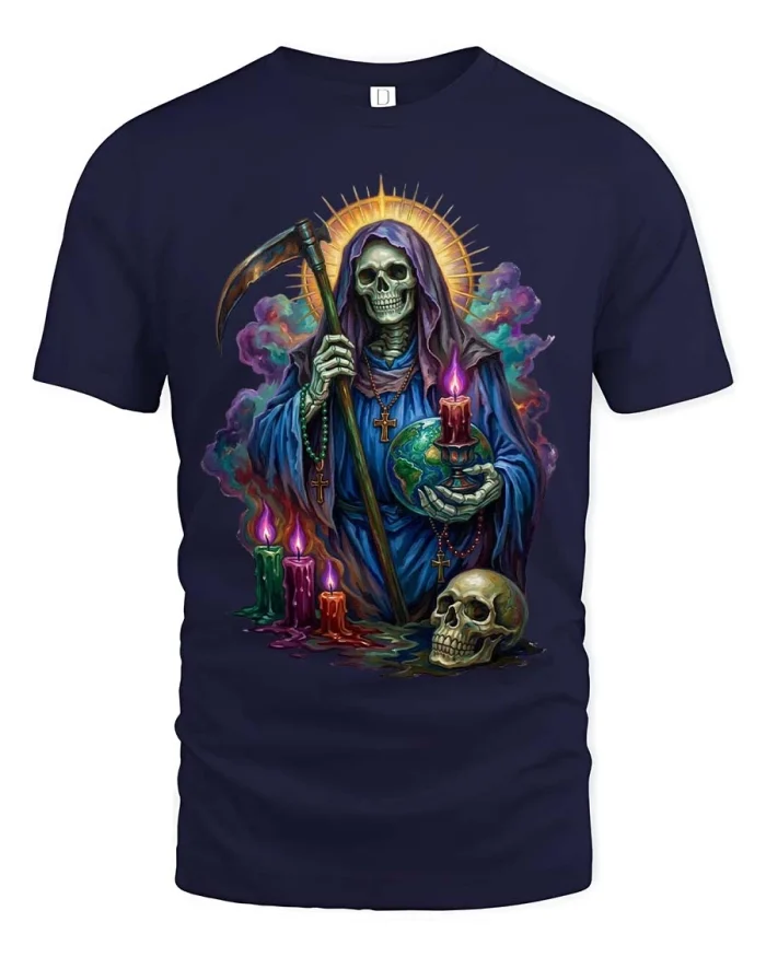 Grim Reaper Candle World Graphic Tee Dark Art Style Tshirt - navy t-shirt on white background